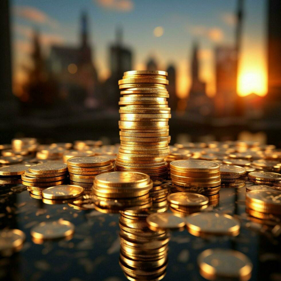 Sunlit coin columns stand tall, depicting wealth and strategic financial planning For Social Media Post Size AI Generated photo