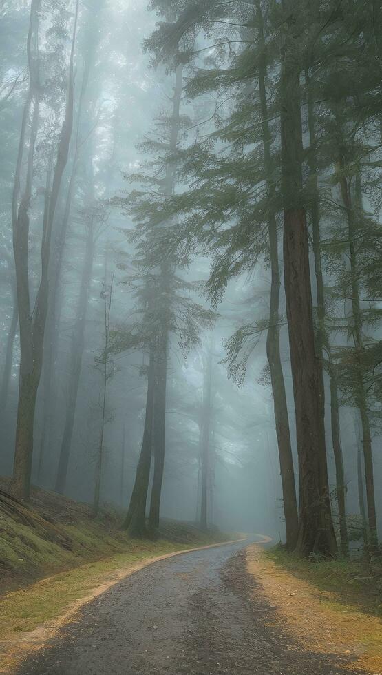 brumoso bosque con ruta Guías a el desconocido foto