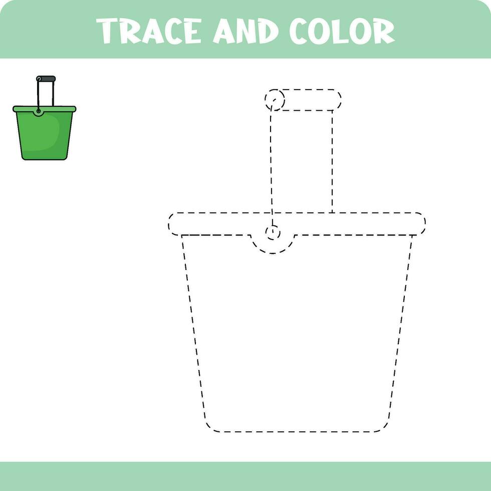 Activity page with tracing practice. Trace and color bucket for toddlers. Educational worksheet for kids. vector