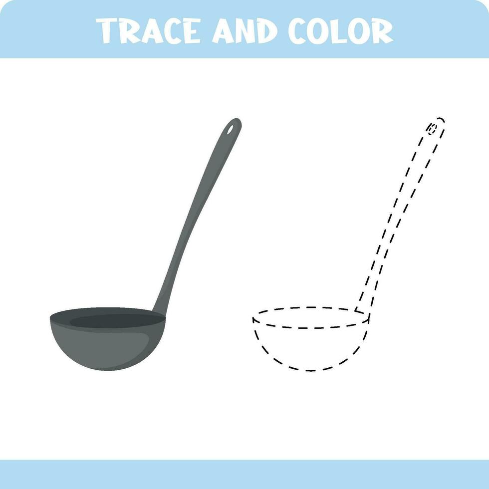 Activity page with handwritting practice. Trace and color ladle for toddlers. Educational page for kids. vector