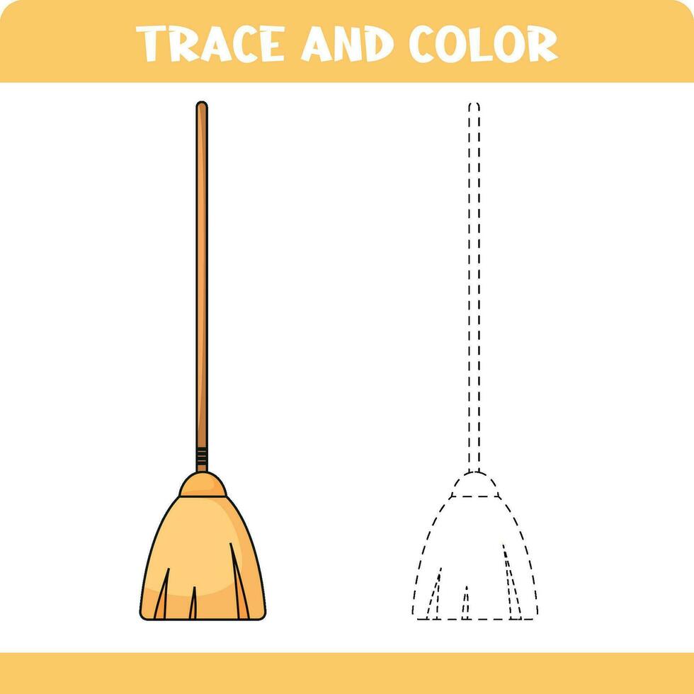 Trace and color page with handwritting practice for toddlers. Educational worksheet for kids. Trace Broom vector