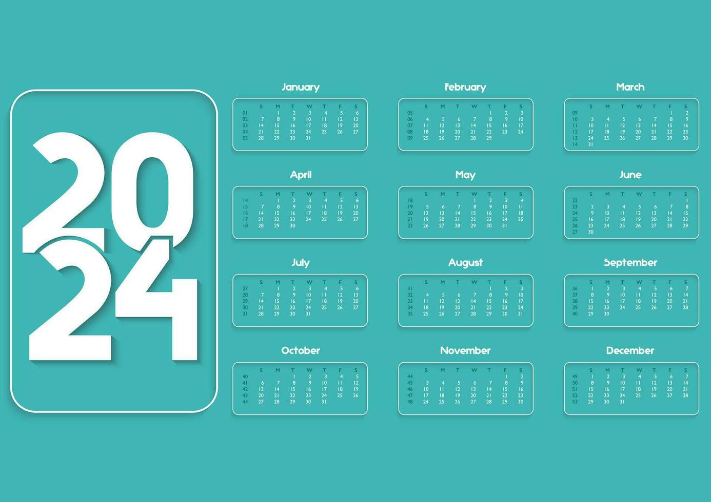 2024 year a3 format calendar. minimalism style. Simple calender layout. Desk or wall calender template with 12 month, week starts on Sunday. Vector