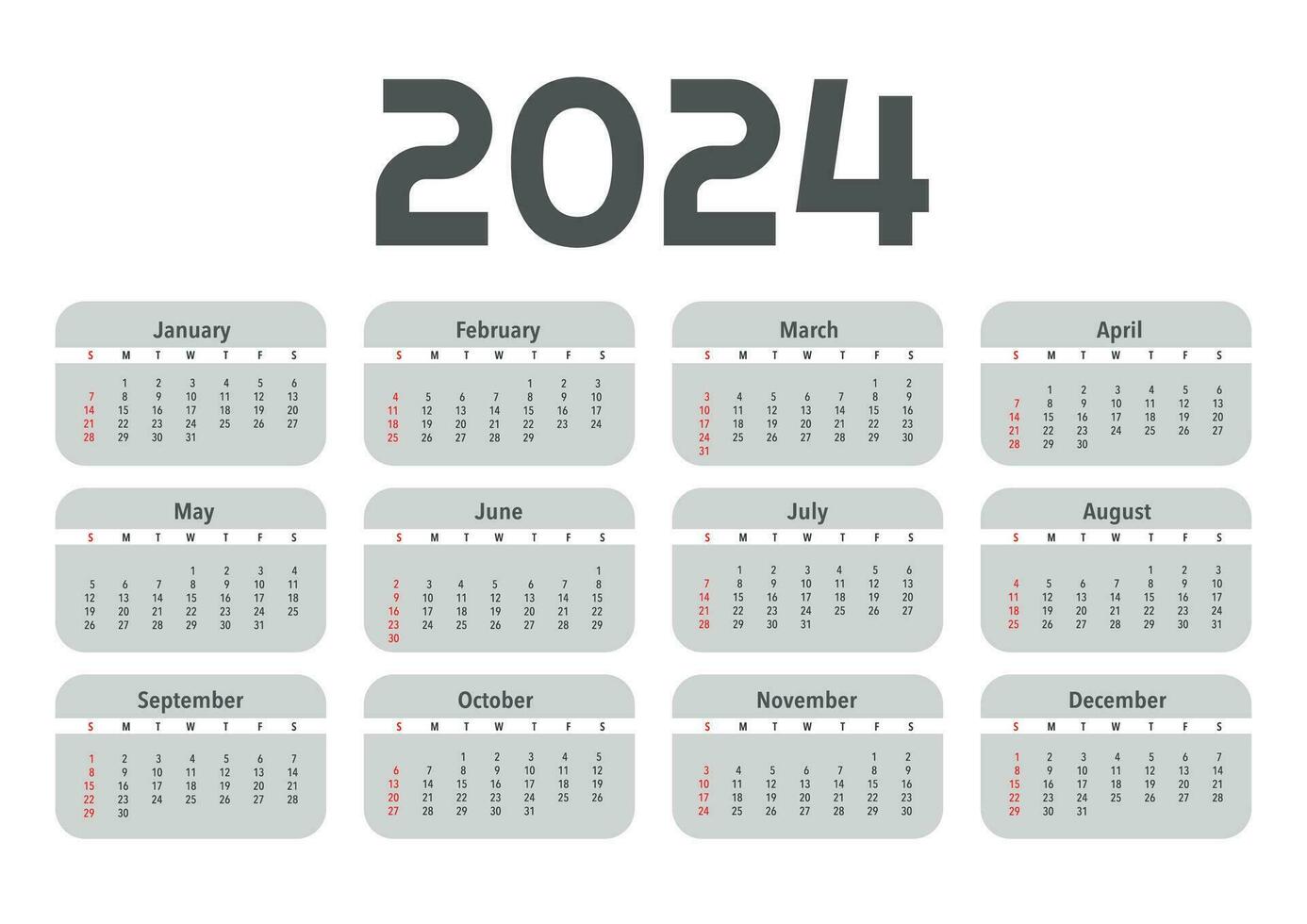 Monthly 2024 year calendar template. Wall calendar in a minimalist style. Week Starts on Sunday. A3 format. vector