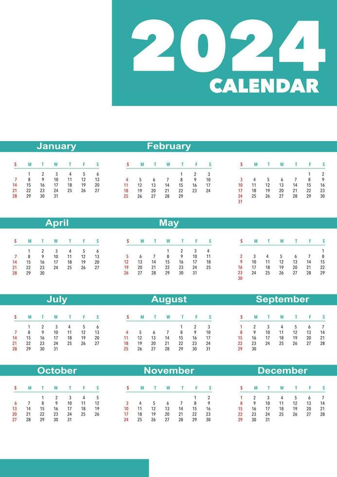 Simple 2024 year calendar. Week starts on Sunday. Wall green calender template a3 format. Vector