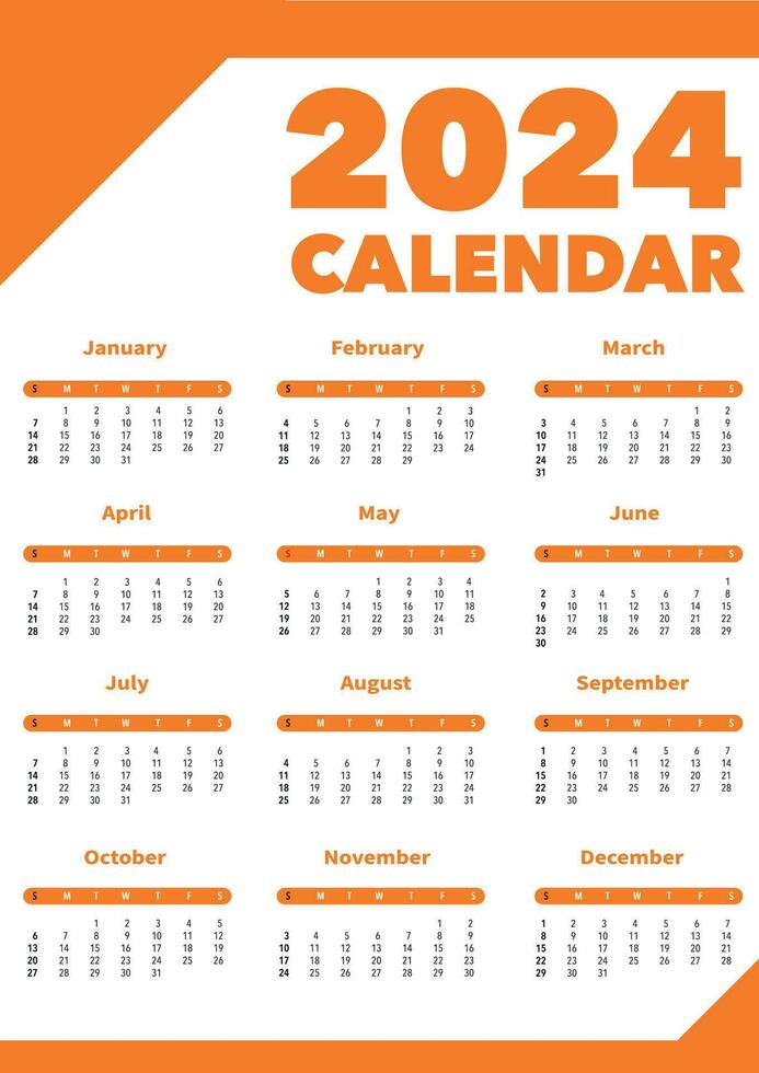 2024 year orange calendar in minimalistic style. Week starts on Sunday. Simple wall calender template a3 format vector