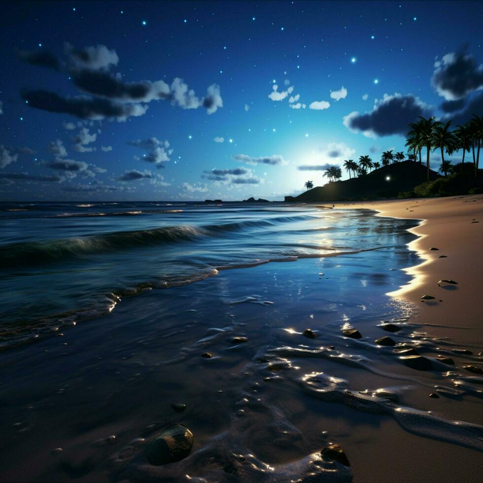 Waves midnight rendezvous Sandy beach kissed by sea under a star studded sky For Social Media Post Size AI Generated photo
