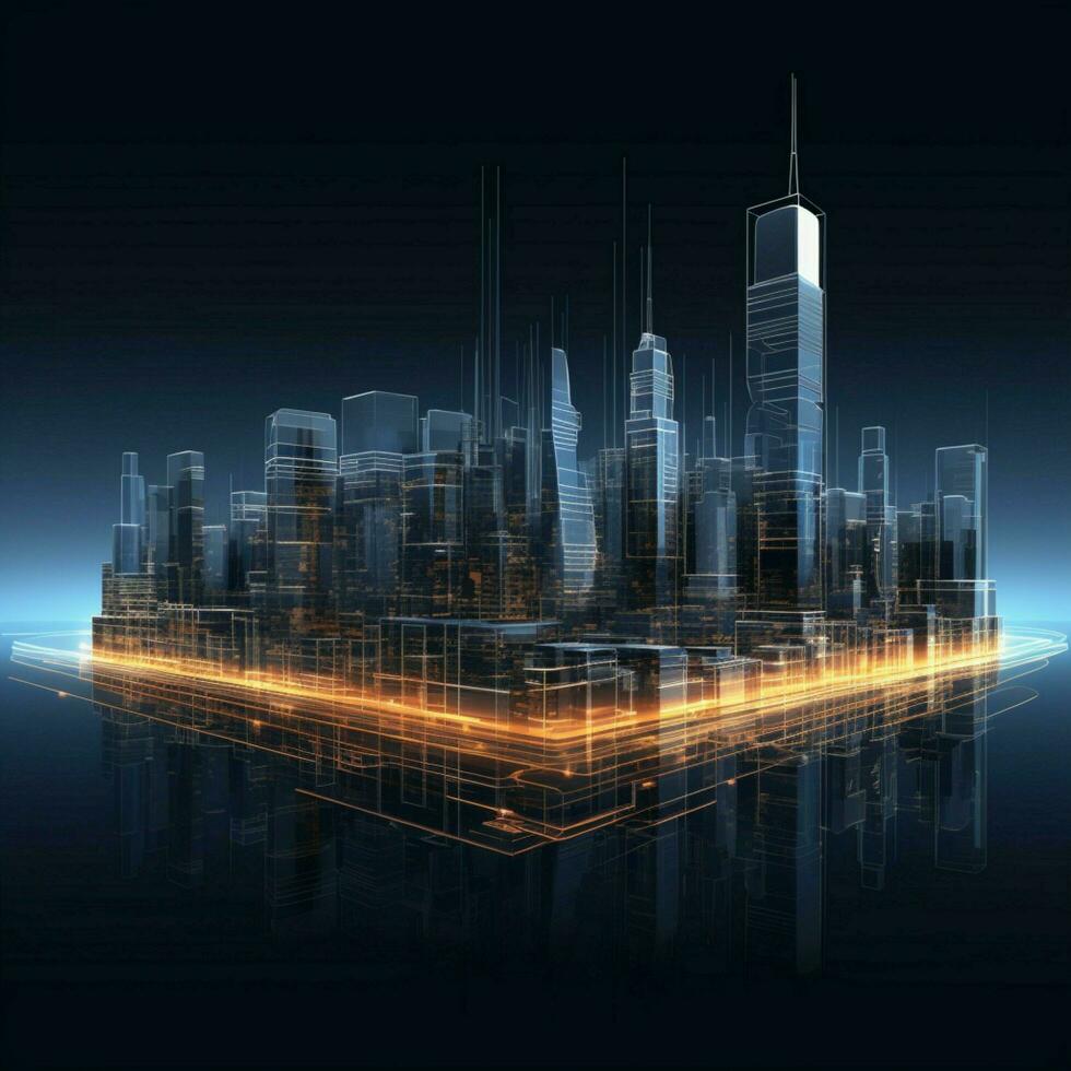 Futuristic skyline draft 3D wireframe building, vector sketch, innovative architectural visualization For Social Media Post Size AI Generated photo