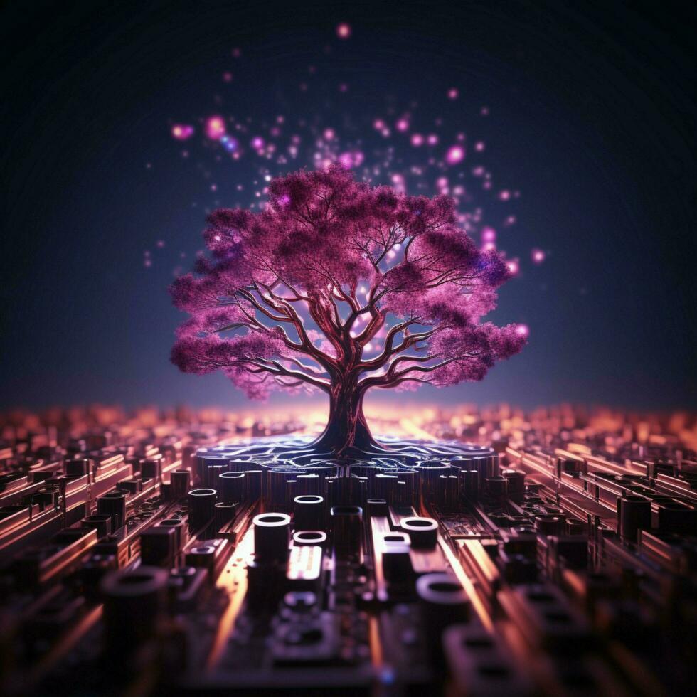 Abstract 3D tree Pink and purple circuits on a dark backdrop For Social Media Post Size AI Generated photo