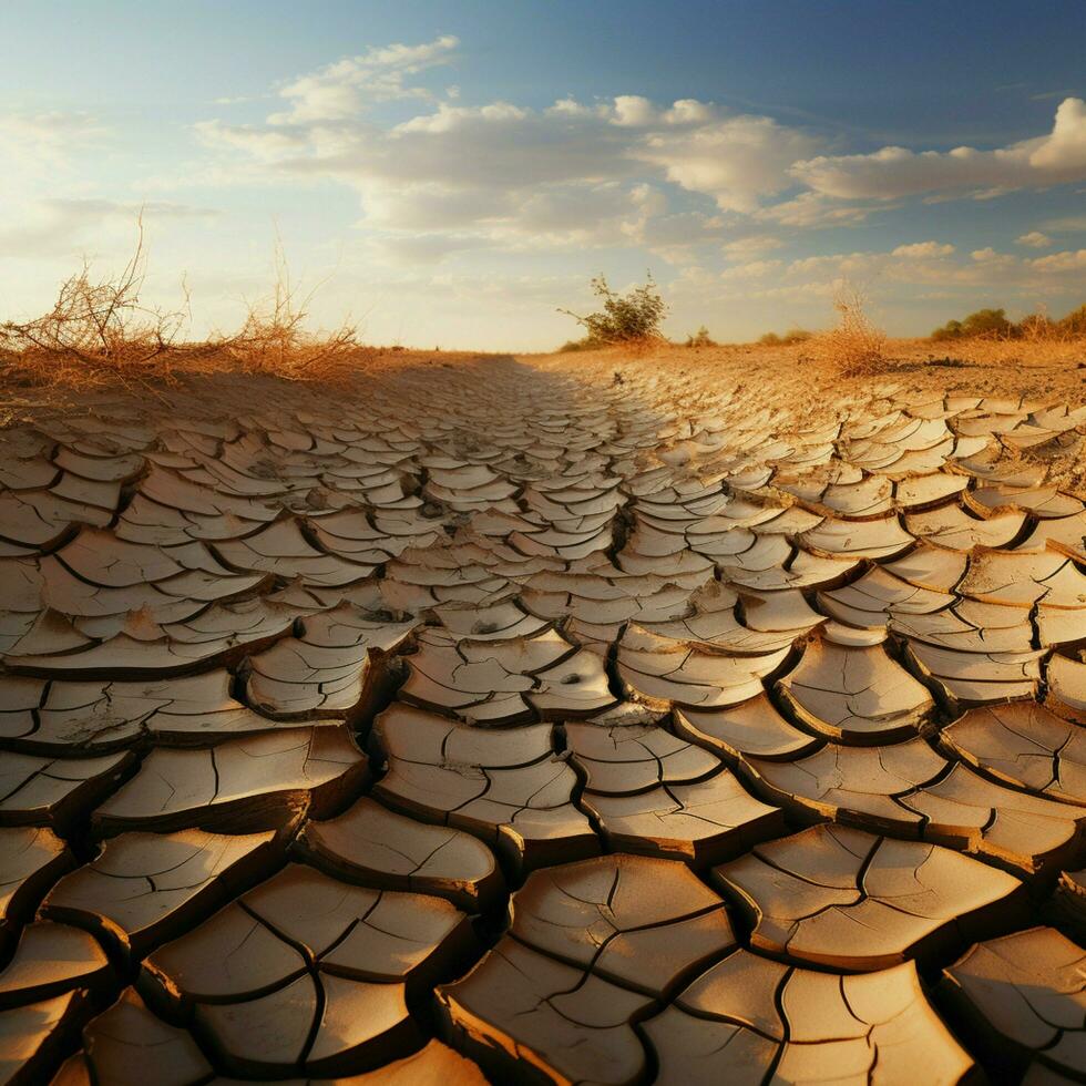 Natures plea Cracked soil in desert bears witness to climate changes toll For Social Media Post Size AI Generated photo