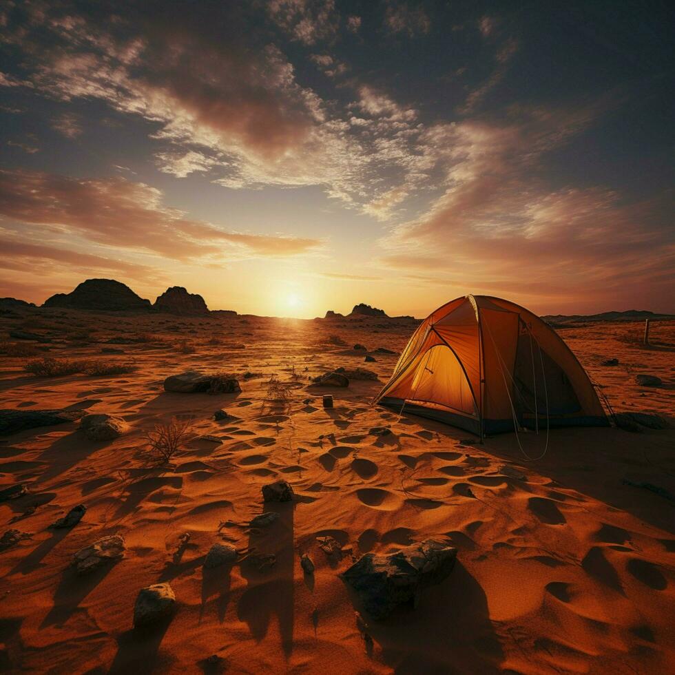 arenoso soledad cámping solo en estéril desierto, lejos desde civilizaciones bullicio para social medios de comunicación enviar Talla ai generado foto