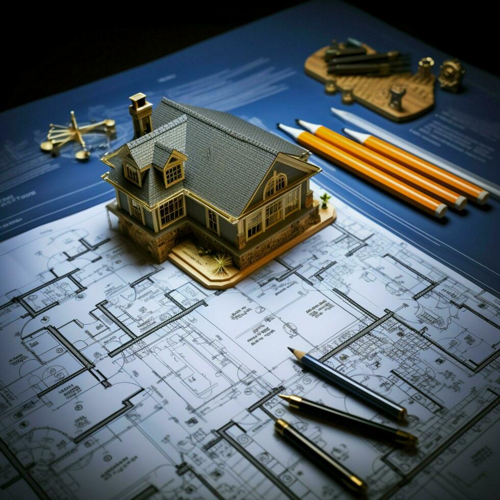 Home blueprint empowerment Architectural design depicted alongside symbolic house keys For Social Media Post Size AI Generated photo