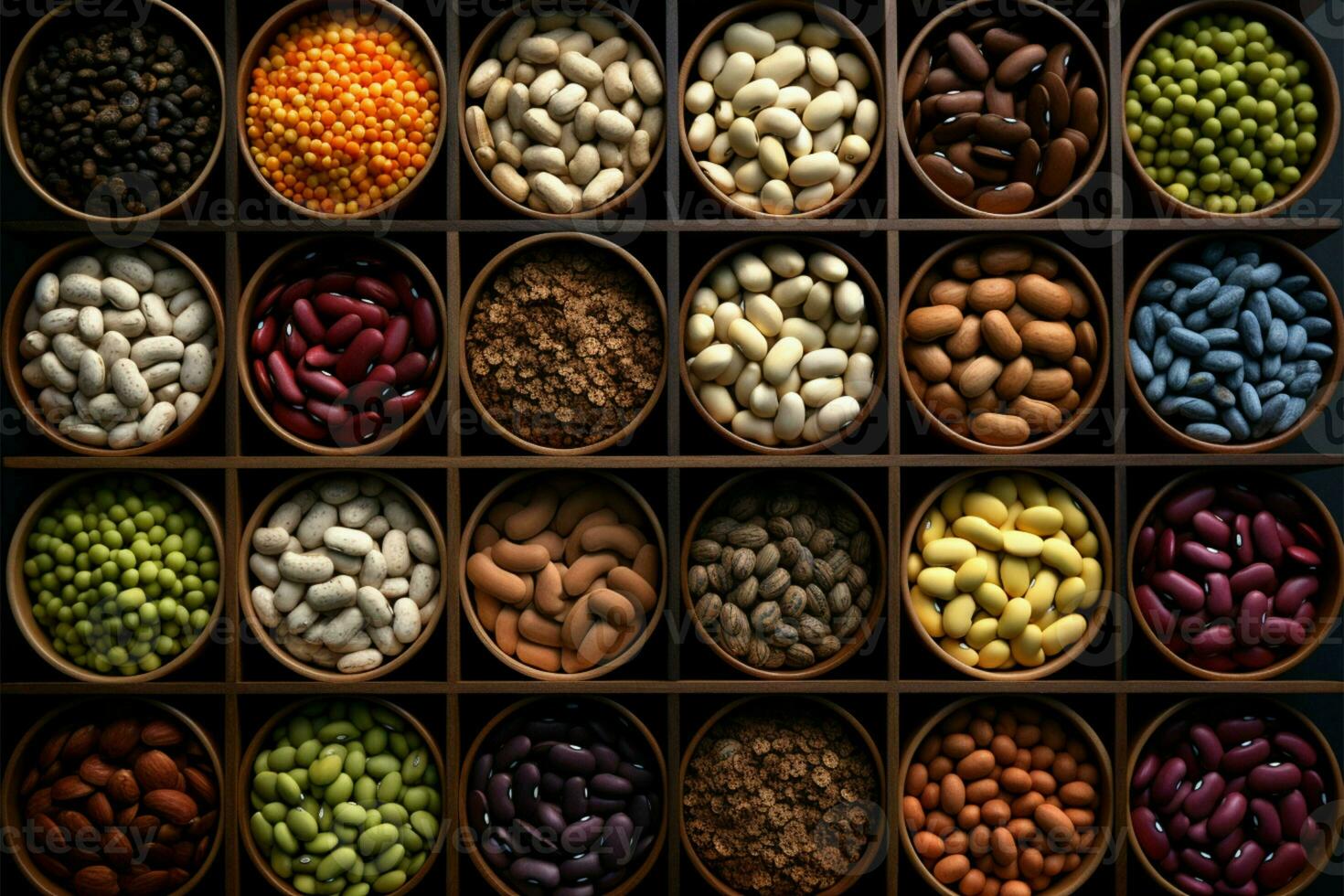 Different beans in small wooden containers, viewed from the top AI Generated photo