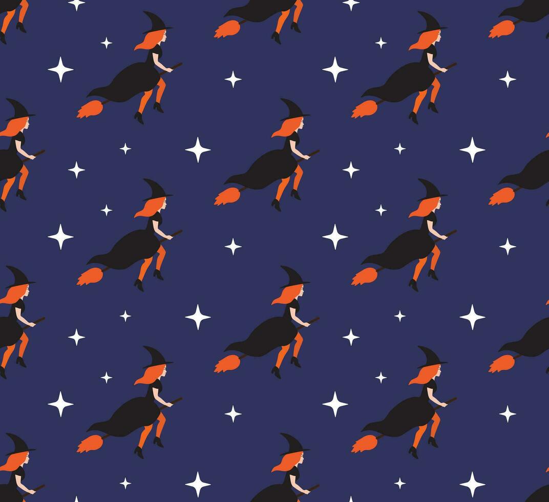 Vector seamless pattern of flat witch and stars
