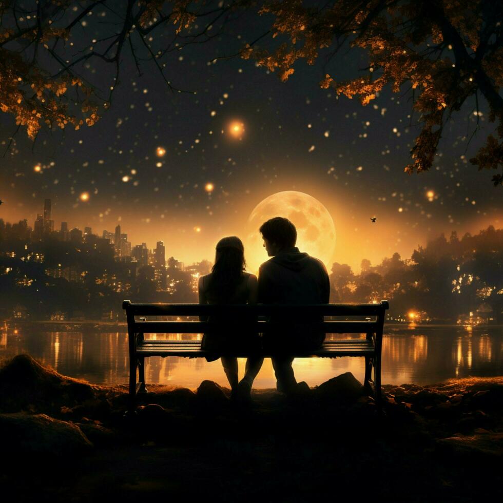 Moonlit embrace, Couple on bench, falling star, rear view illustrated nights romantic tale For Social Media Post Size AI Generated photo