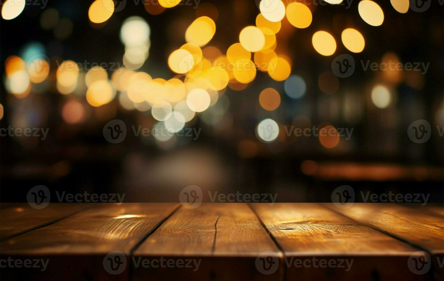Bokeh light background sets the stage for showcasing products on wood AI Generated photo