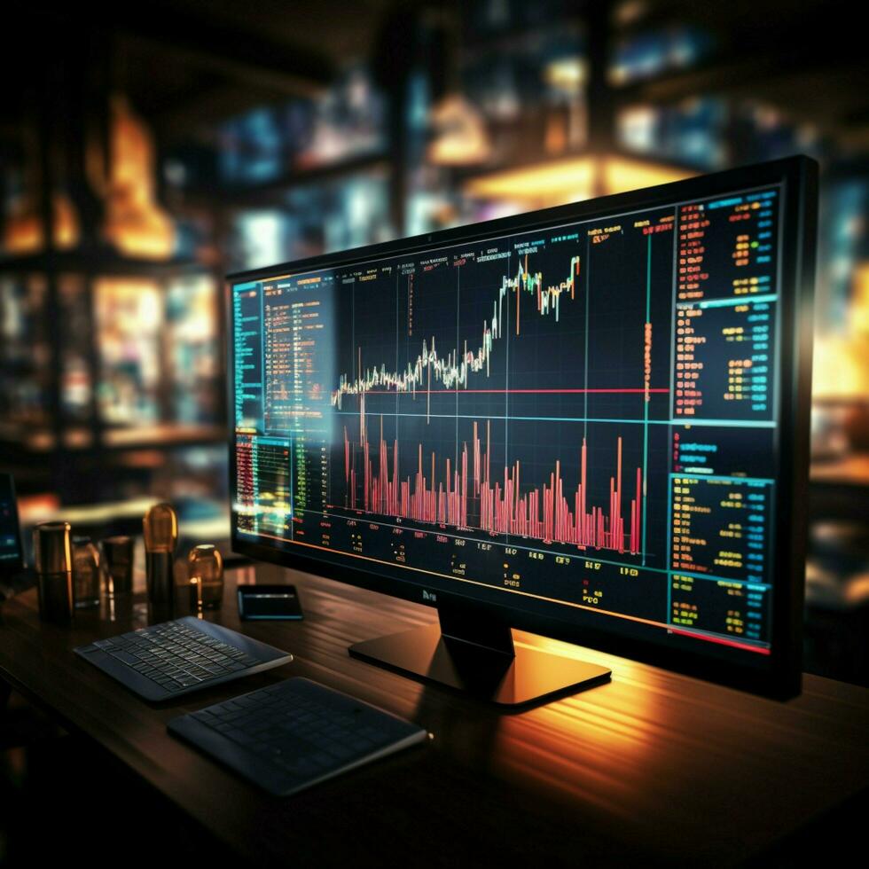 analizando tendencias negocio, valores mercado visión de conjunto mediante informativo visual monitor para social medios de comunicación enviar Talla ai generado foto