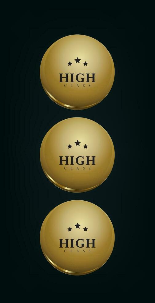 conjunto de Tres lujo circulo botón, oro, prima aislado en negro antecedentes. botón conjunto circulo moderno color oro vector ilustración dorado, metal lujo ui conceptos
