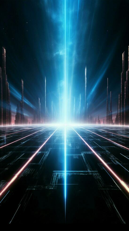 Dark, futuristic backdrop Blue neon light rays reflecting on water Vertical Mobile Wallpaper AI Generated photo