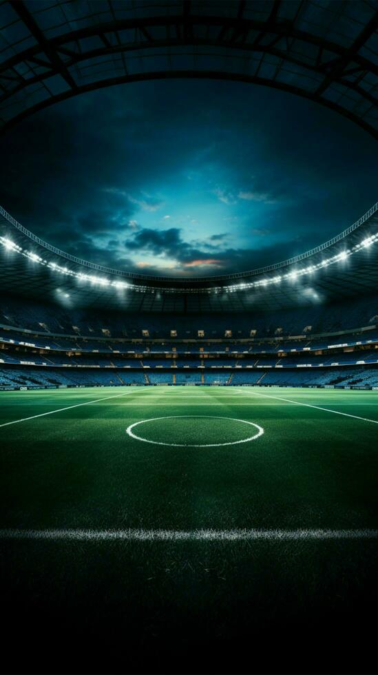 Football field bathed in the glow of powerful stadium spotlights Vertical Mobile Wallpaper AI Generated photo