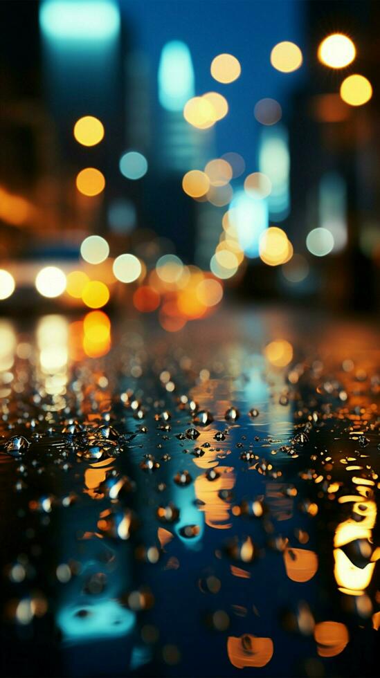 vaso gotas de lluvia difuminar el ciudad a noche, un atmosférico fondo vertical móvil fondo de pantalla ai generado foto