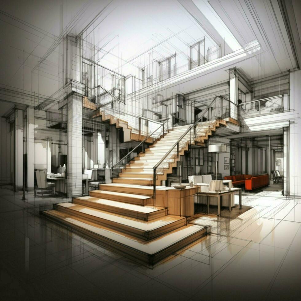 Dynamic staircase concept Sketch design of hall, 3D wireframe visualization presented For Social Media Post Size AI Generated photo