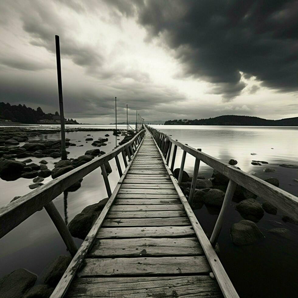 muelle soledad, negro y blanco representación de un sereno pescar embarcadero escena para social medios de comunicación enviar Talla ai generado foto