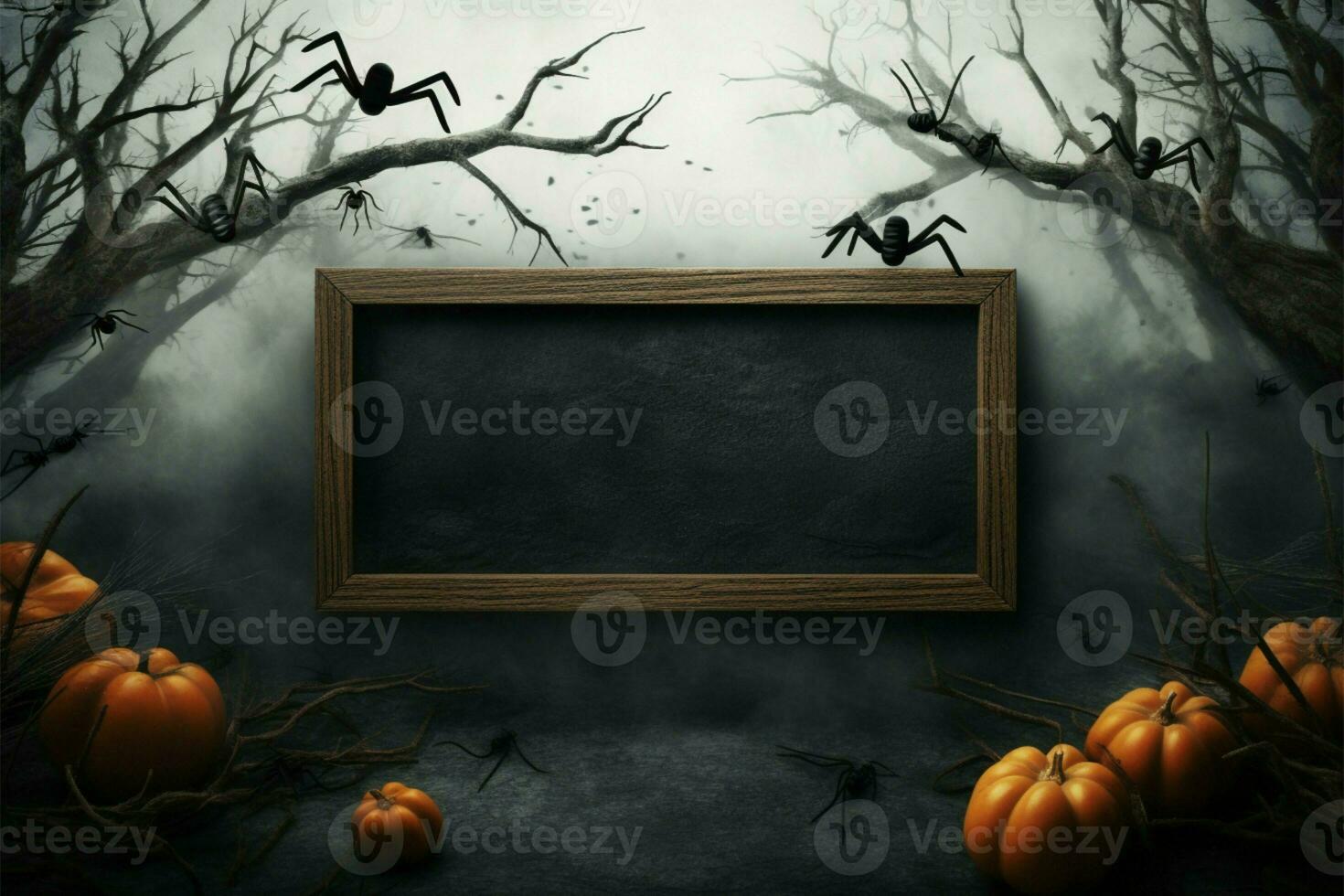 Spooky Halloween banner featuring bats, clouds, and pumpkins for party AI Generated photo