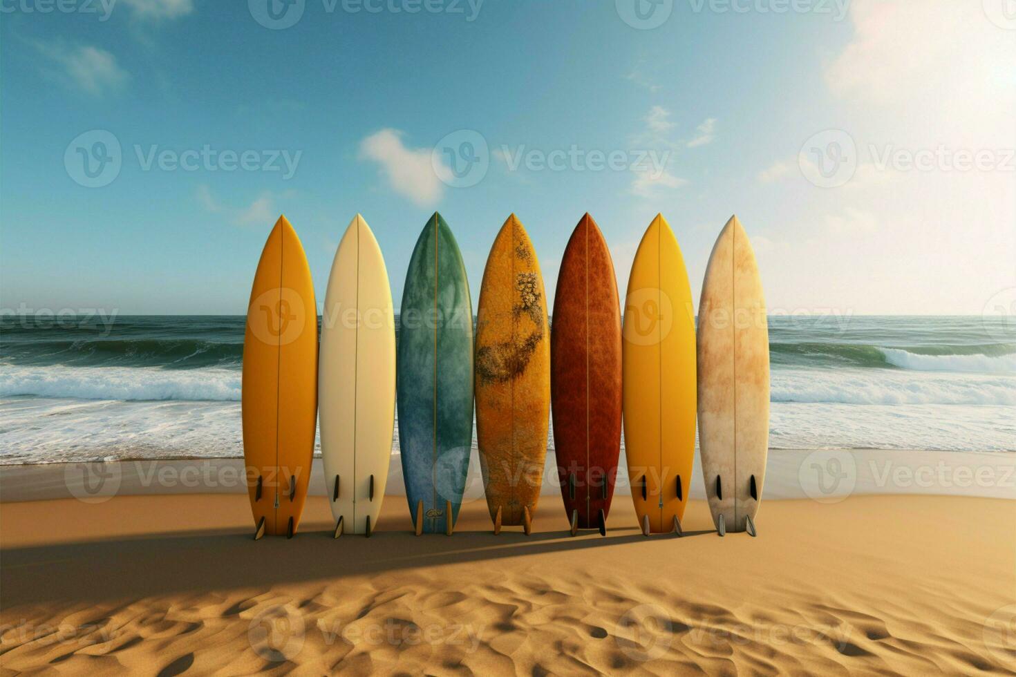 Colorful surfboards, sandy backdrop an invitation to ride the waves AI Generated photo