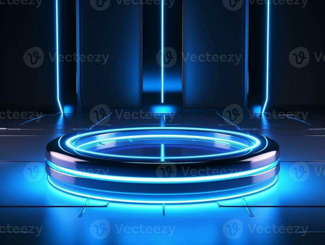 Beautiful modern futuristic podium with neon blue lighting for product presentation AI Generative photo