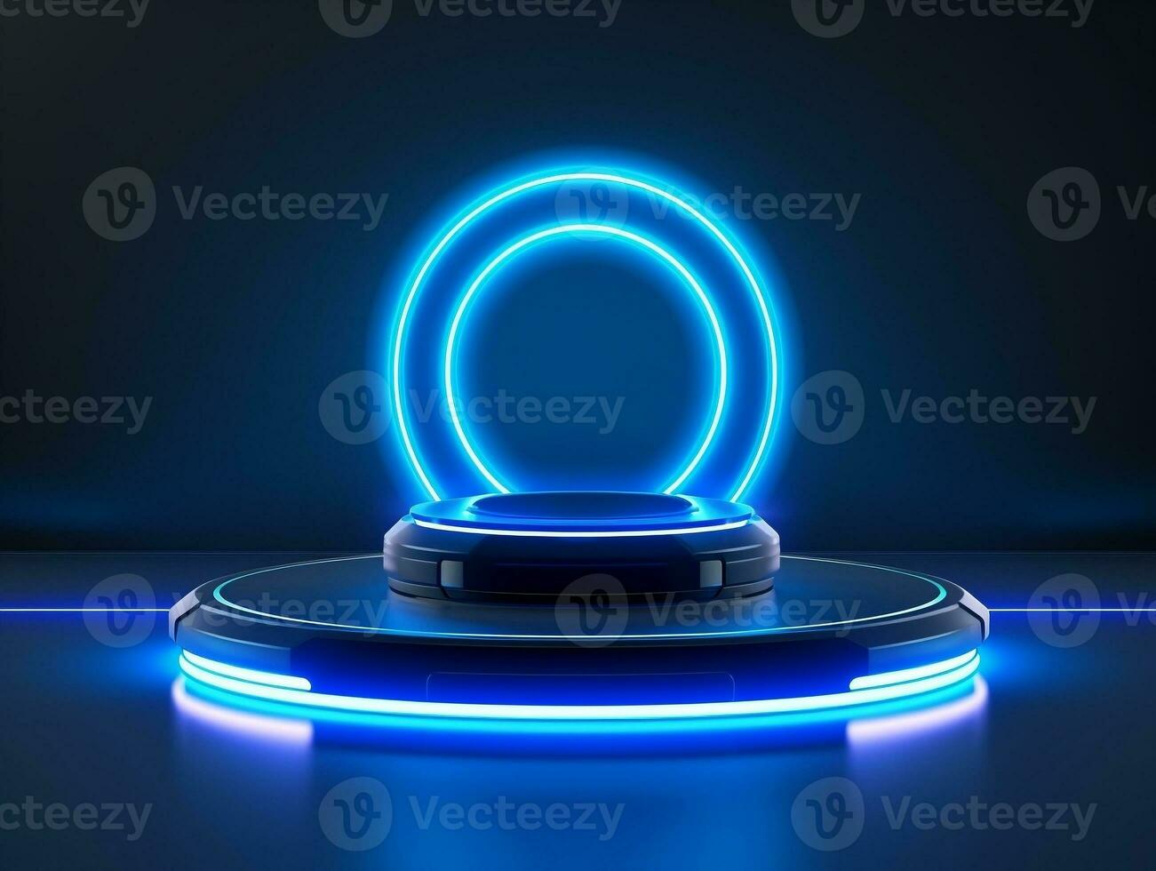 Beautiful modern futuristic podium with neon blue lighting for product presentation AI Generative photo