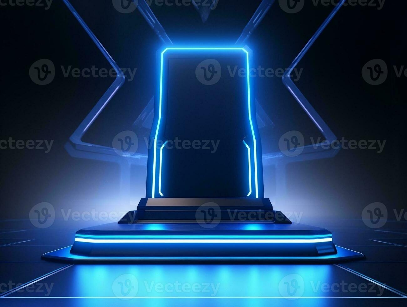 Beautiful modern futuristic podium with neon blue lighting for product presentation AI Generative photo