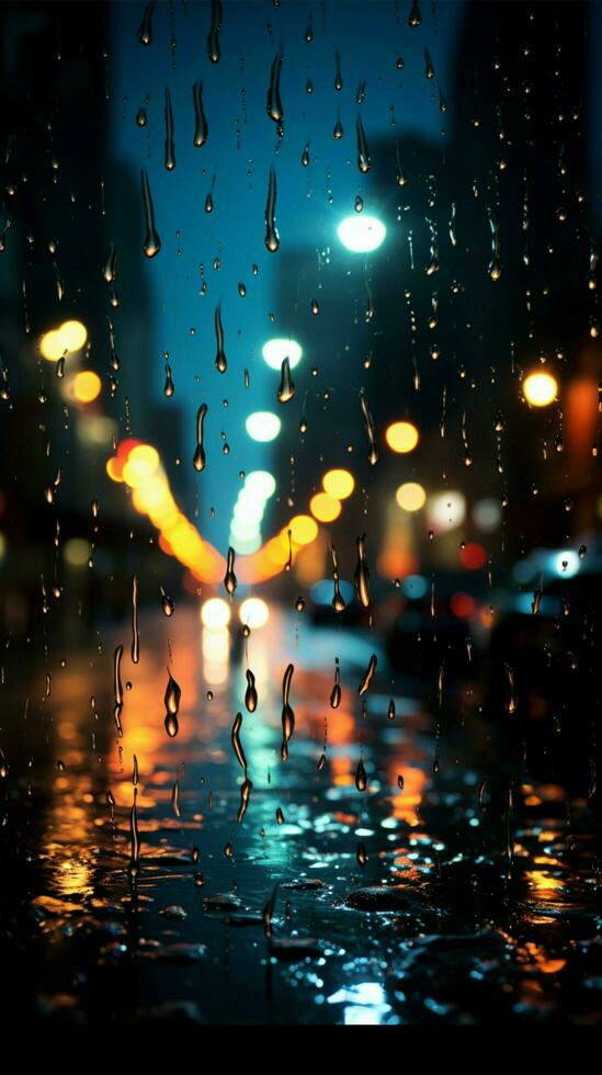 noche ciudades luces difuso mediante vaso, gotas de lluvia creando un soñador fondo vertical móvil fondo de pantalla ai generado foto