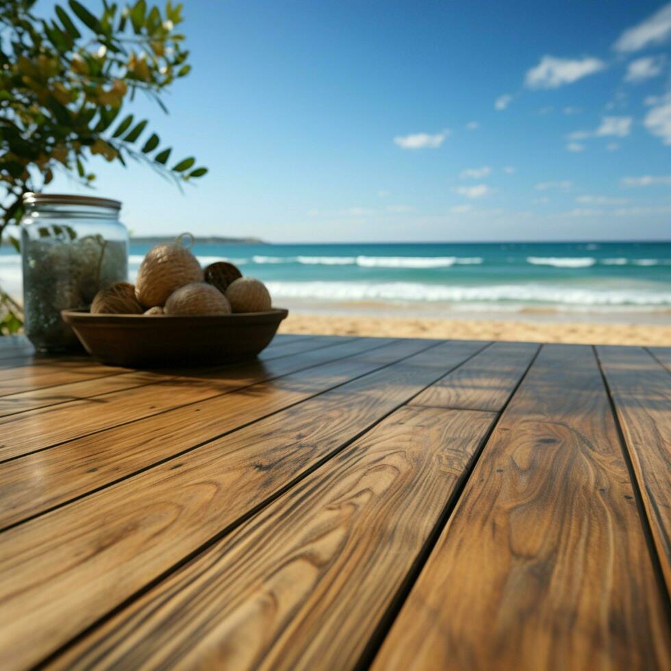 Seaside marketing Wood floor deck set against blurred beach, perfect for product showcases For Social Media Post Size AI Generated photo