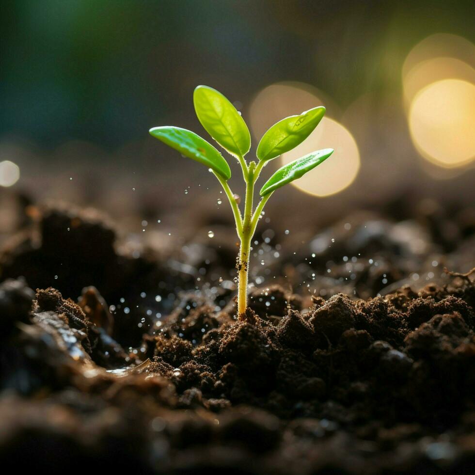 de cerca, suelo abraza joven planta, naturalezas promesa de crecimiento y vitalidad para social medios de comunicación enviar Talla ai generado foto