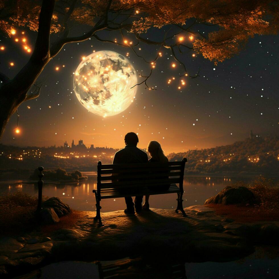 Starlit hug, Bench scene, full moons glow, falling star illustrating loves enchantment For Social Media Post Size AI Generated photo