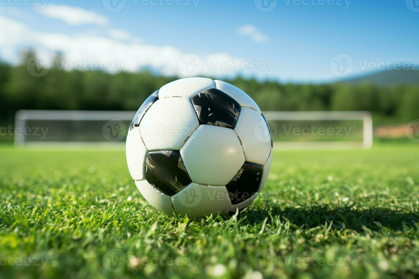 The soccer ball positioned at the center of the playing field AI Generated photo