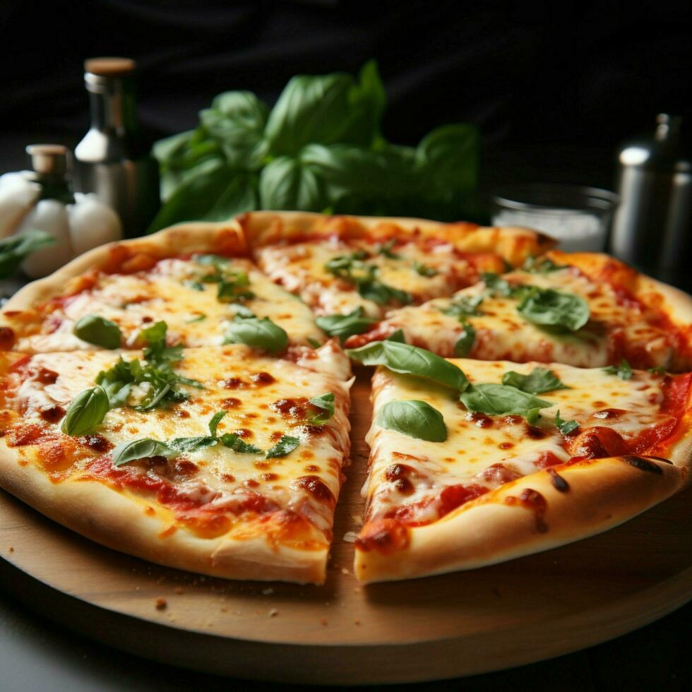 Hot Italian pizza with stretching cheese, basil slice For Social Media Post Size AI Generated photo