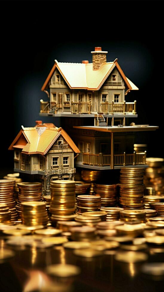 Coin stack supports 3D house, illustrating wealth and housing achievement Vertical Mobile Wallpaper AI Generated photo