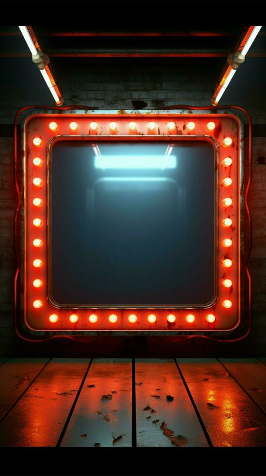 Retro style illuminated signboard on a wall, framed with glowing neon Vertical Mobile Wallpaper AI Generated photo