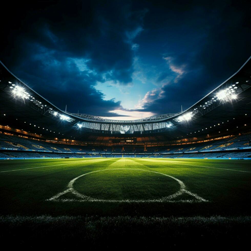 Night game aura, Glowing spotlights illuminate football action on field For Social Media Post Size AI Generated photo