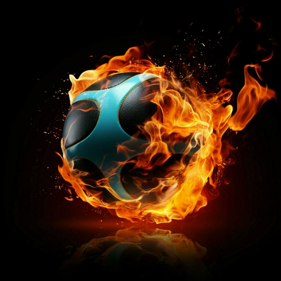 Volleyballs intensity, A fiery ball on a black backdrop, radiating passion For Social Media Post Size AI Generated photo