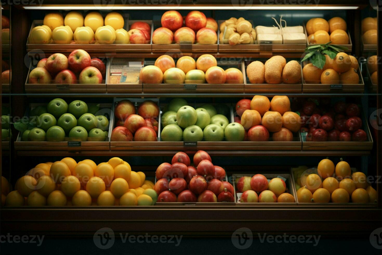 Store showcase brimming with neatly arranged apples and oranges AI Generated photo