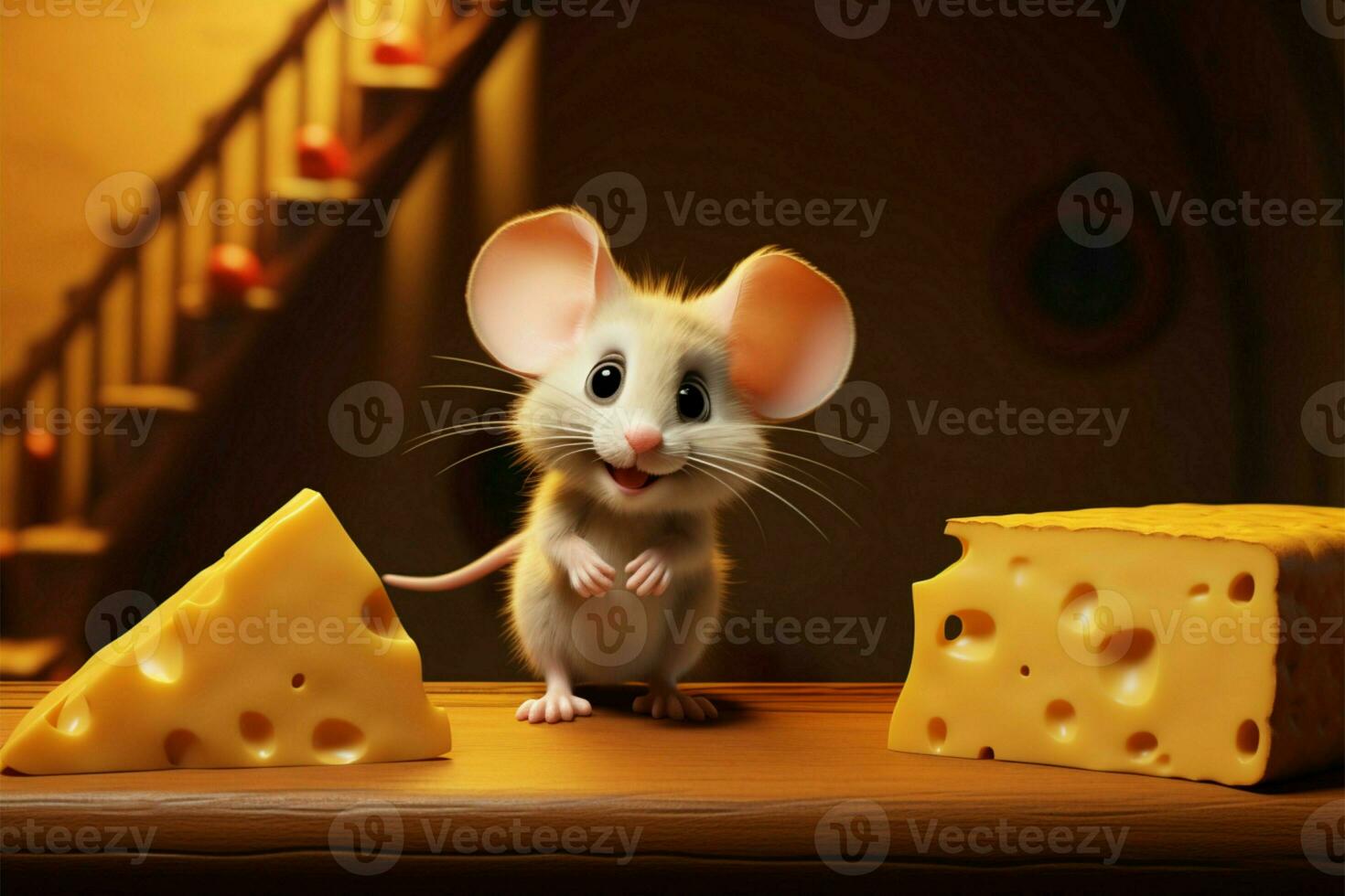 Cheese chase Little mouses animated adventure in a charming cartoon AI Generated photo