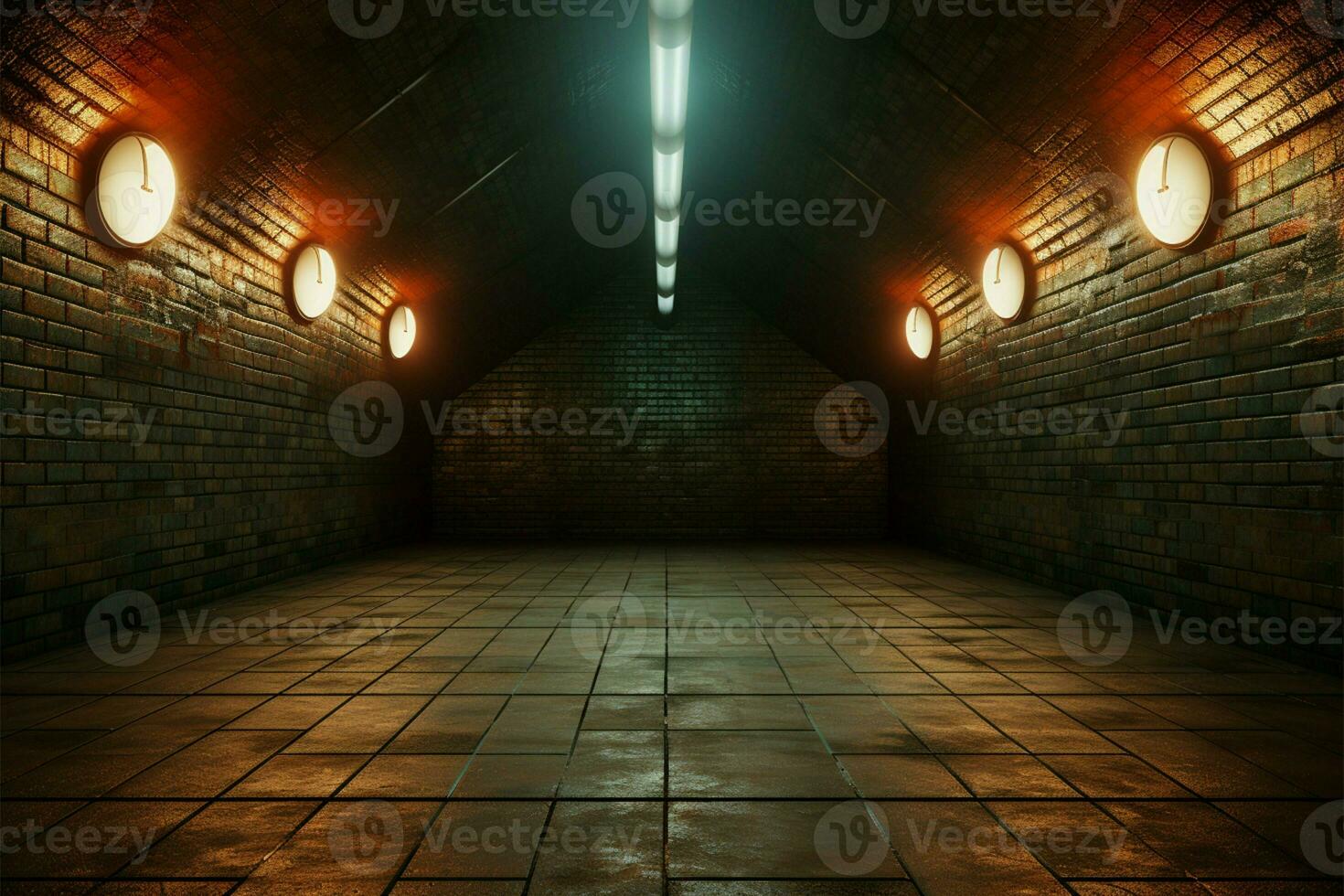 Urban ambiance Empty night hallway with brick wall, floor, and neon lights AI Generated photo