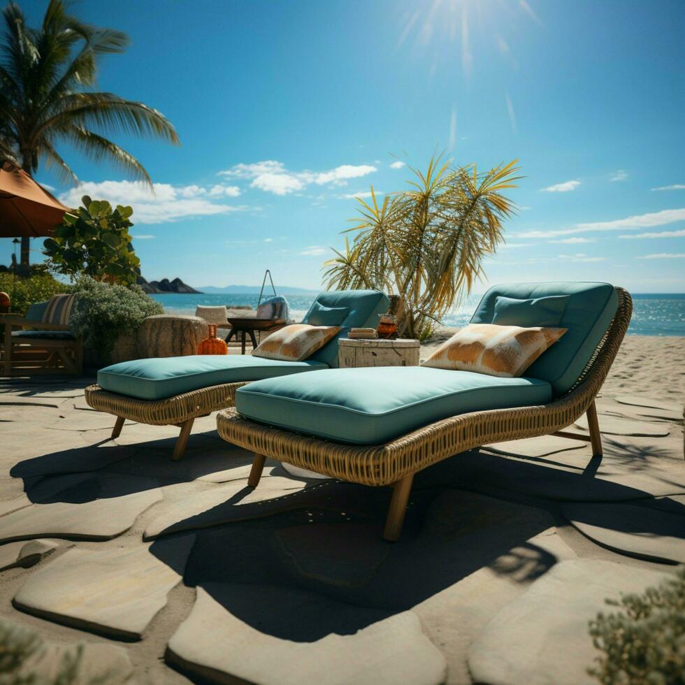 Beachfront reprieve Chaise lounges offer comfort against the backdrop of the ocean For Social Media Post Size AI Generated photo