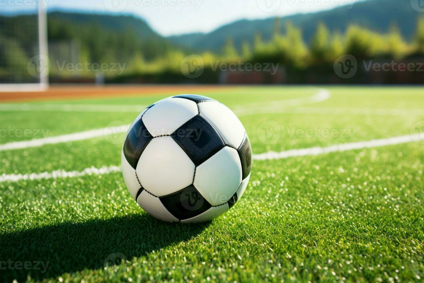 Pitch perfect Soccer ball poised on the vibrant green field AI Generated photo