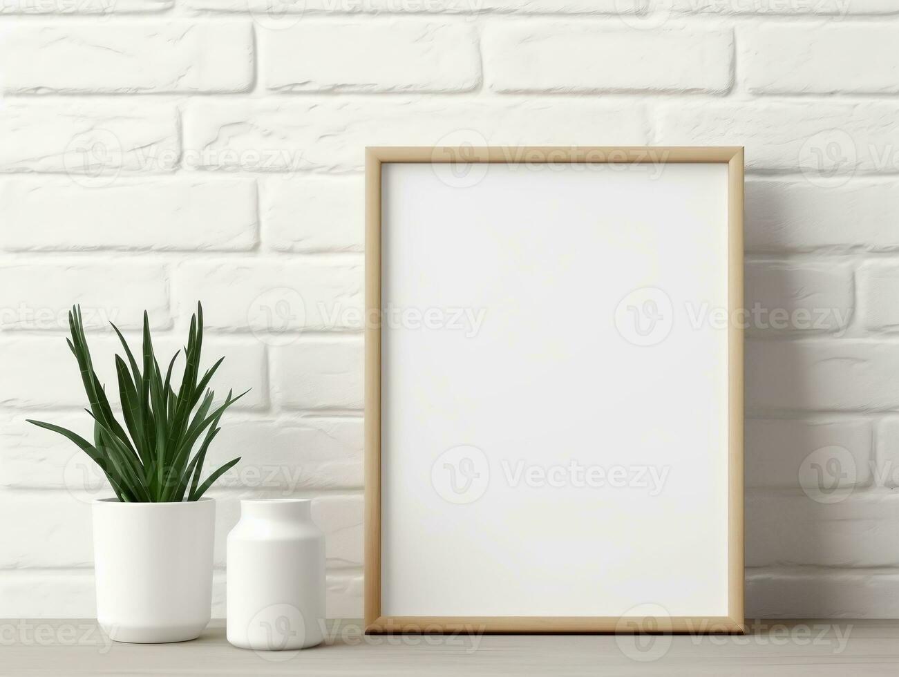 Maize wooden photo frame mockup leaning at white brick wall AI Generative