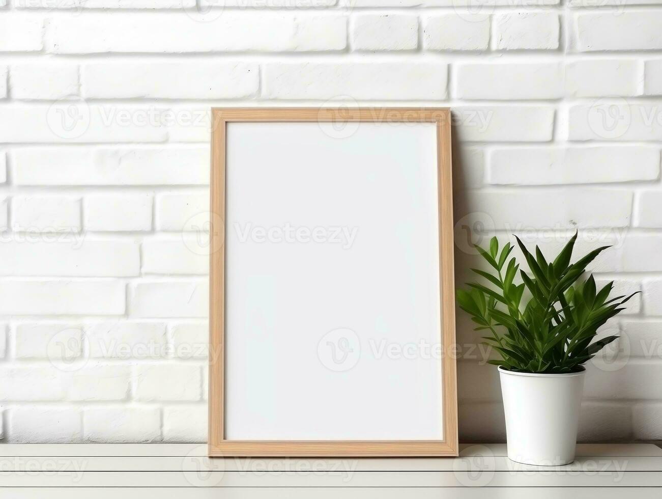 Maize wooden photo frame mockup leaning at white brick wall AI Generative