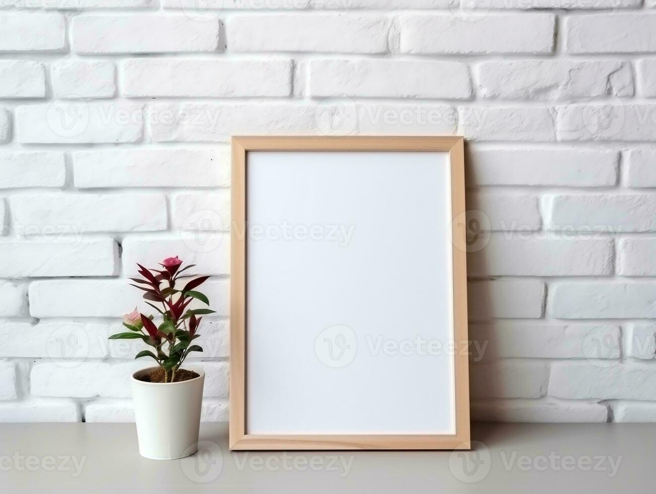 Maize wooden photo frame mockup leaning at white brick wall AI Generative