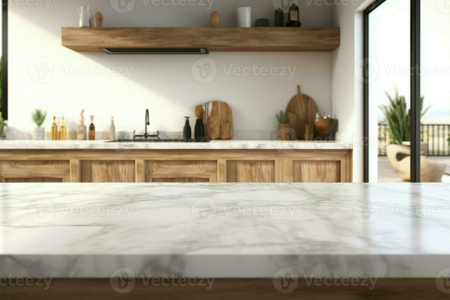 A stylish kitchen setting with an empty white marble table AI Generated photo